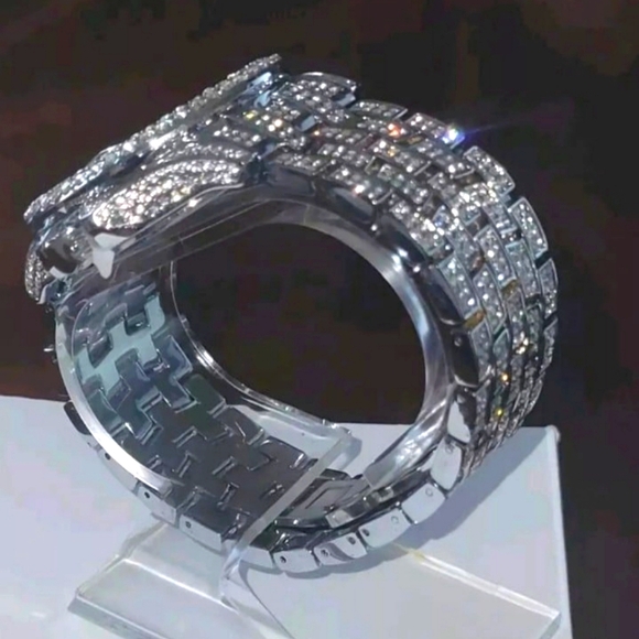 Men's Full Ice Hip Hop Bling Simulated Diamond Steel Band Watch with Day Display - Picture 7 of 12